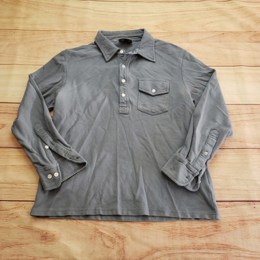Magaschoni Polo Shirt Mens Medium Grey Long Sleeve‎ Pique Knit Button Pocket
